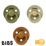 BIBS Colour Schnuller mit Name, Olive, Caramel, Khaki, rund Latex Größe 2, (3er Pack)